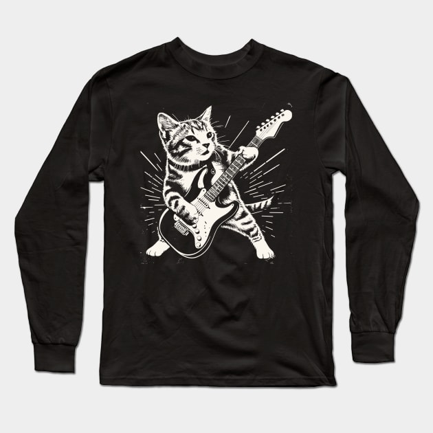 Funny Cat Playing on electric guitar guitariste Long Sleeve T-Shirt by rhazi mode plagget